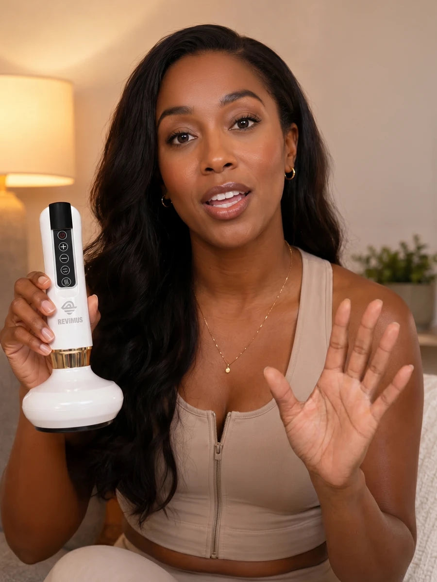 Certified body contouring specialist demonstrating Revimus body sculpting device