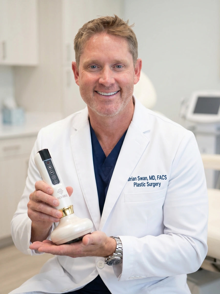 Board-certified plastic surgeon holding Revimus anti-cellulite massager