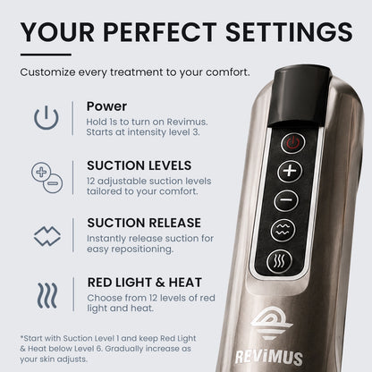 Customizable suction, heat, and red light settings on the Revimus Anti-Cellulite Massager
