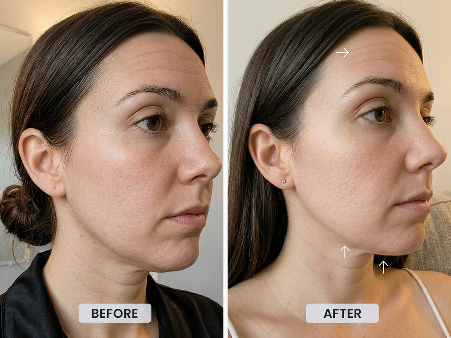REVIMUS ORBIT™ before and after 4 weeks showing softer-looking fine lines and improved facial contours