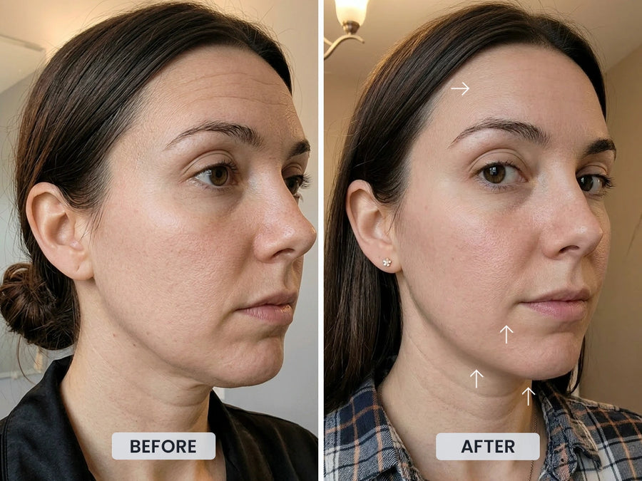 REVIMUS ORBIT™ before and after 8 weeks showing improved facial contours and reduced fine lines