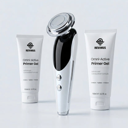 REVIMUS ORBIT facial contour device with two Omni-Active Primer Gel tubes for extended treatments